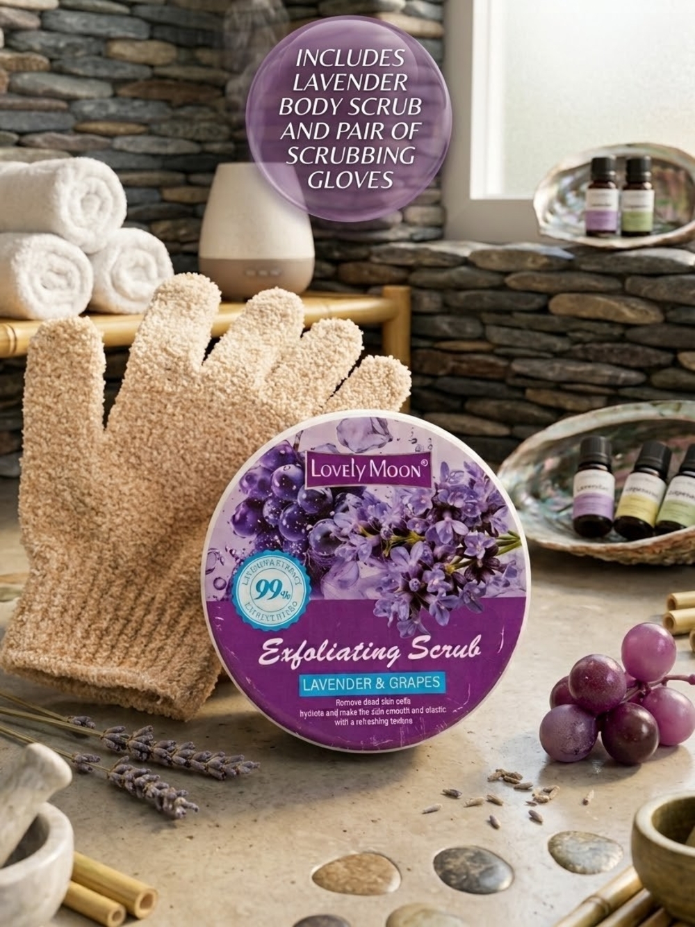 Lavender & Grape Exfoliating Scrub with Beige Exfoliating Gloves